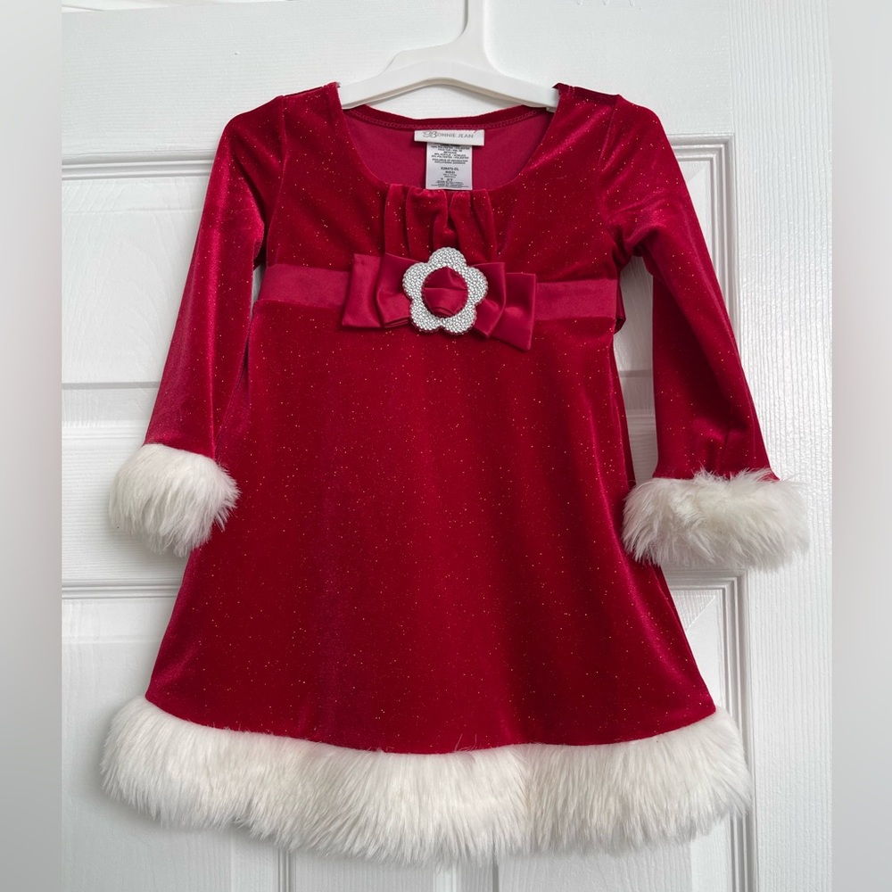 Bonnie Jean Toddler 2T Long Sleeve Red Sparkle Christmas Dress Faux Fur Flower